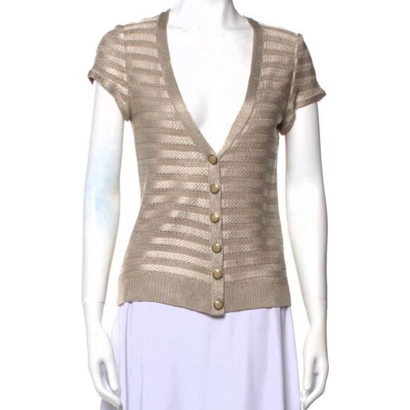 ST JOHN Plunging Neckline Knit Short Sleeve Sweater Button Front Beige Large - Picture 2 of 16